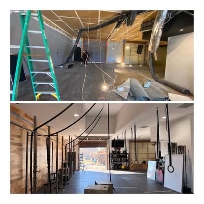 Before and after of a gym buildout: the top shows a gutted space with exposed ceiling and hanging wiring, the bottom shows the finished gym with rig stations, wood feature walls, and rubber flooring